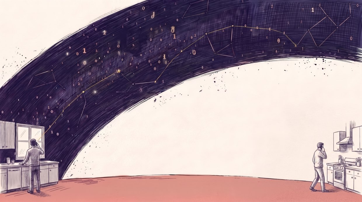 Ink illustration: two men on the phone in two kitchens at opposite edges of the frame, a navy arc of binary digits and gold constellation lines sweeping between them
