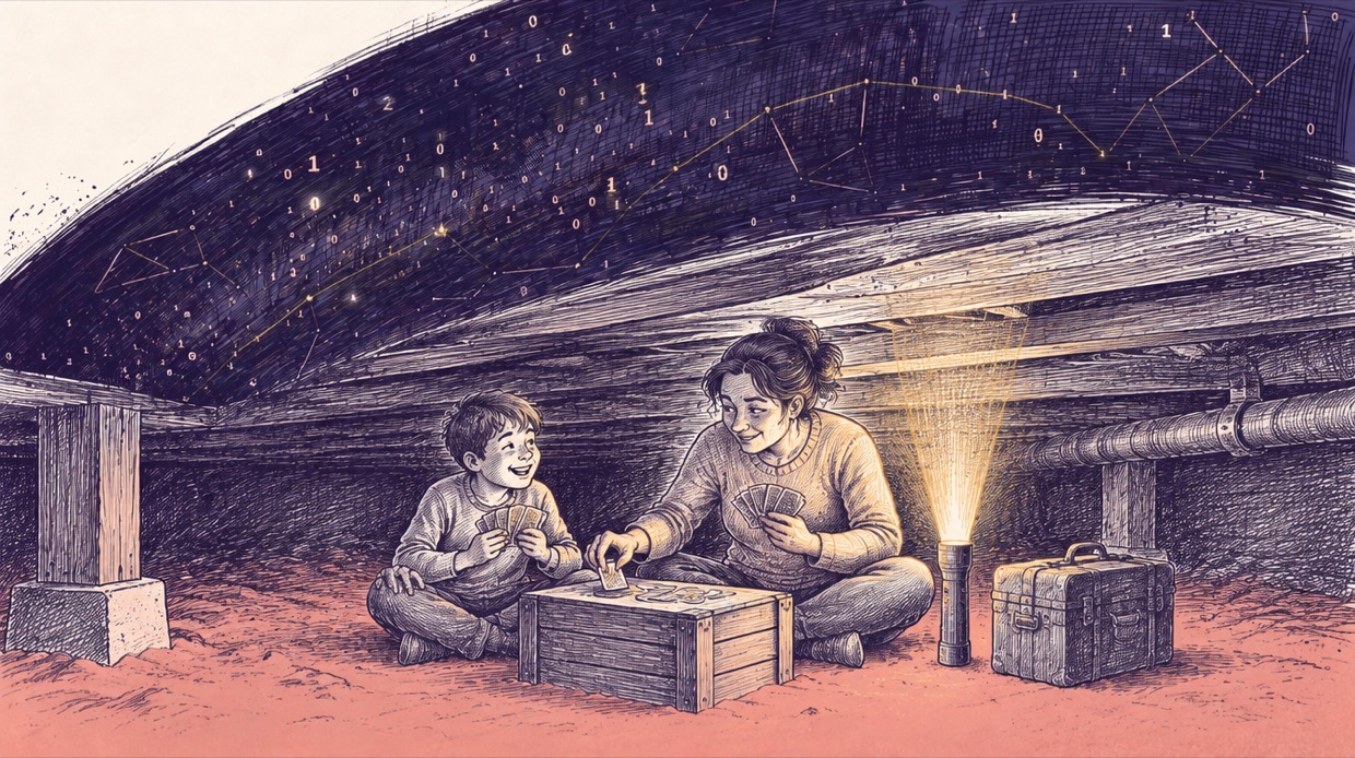 Ink illustration: a mother and her young son sit cross-legged in a Kansas crawlspace playing gin rummy on a wooden crate, a flashlight and a packed suitcase beside them, while a navy sky of binary digits and gold constellation lines sweeps over the floor joists above