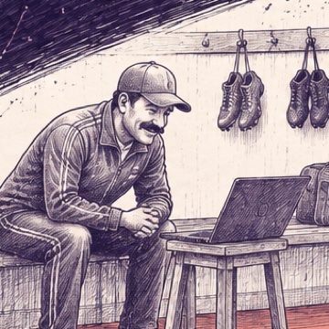 Ink portrait of the coach in the boot room
