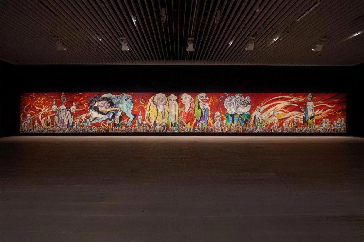 Installation view of the White Tiger section of Takashi Murakami&rsquo;s The 500 Arhats at the Mori Art Museum: a wall-length painting crowded with Buddhist holy men and a white tiger, running the full length of the gallery