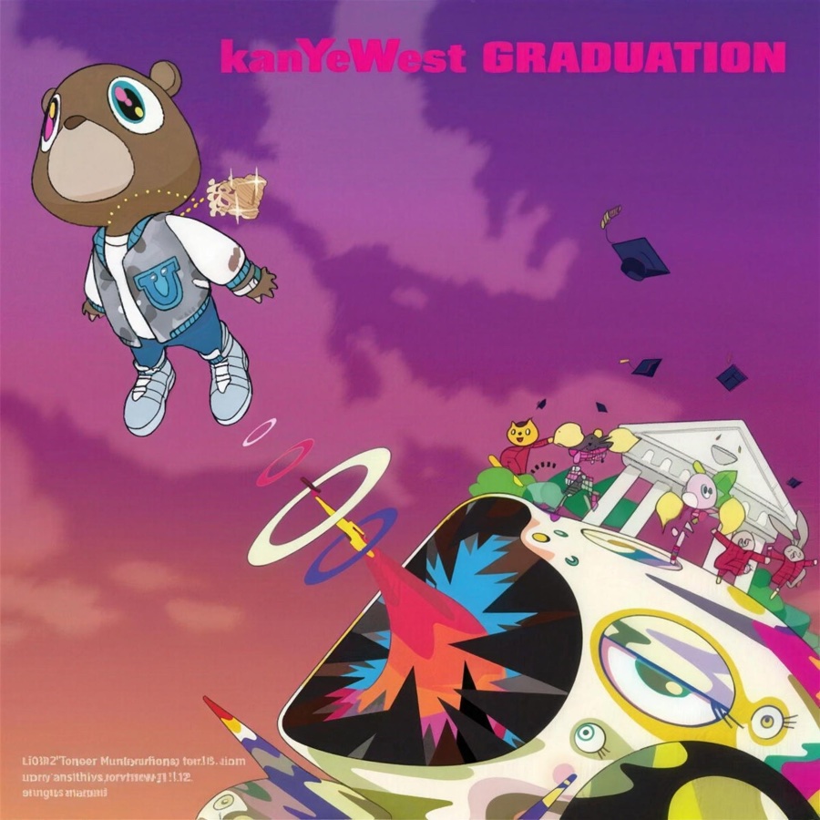 Takashi Murakami&rsquo;s cover art for Kanye West&rsquo;s Graduation: the cartoon Dropout Bear launched into a bright, candy-colored sky