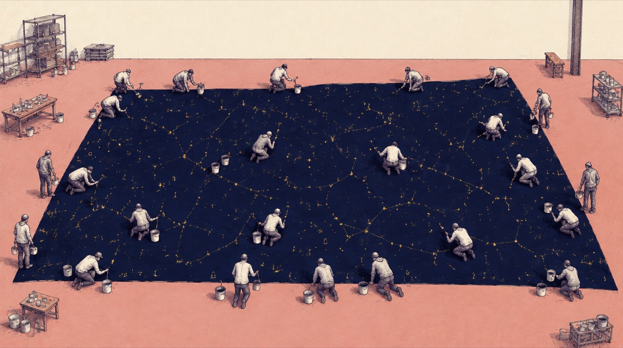 Ink crosshatch illustration seen from above: a crew of painters kneels around one enormous navy canvas on a rose floor, their strokes joining into gold constellation lines