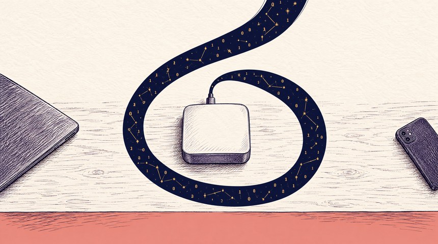 Seen from above, a small plain computer box on a wooden tabletop, its one power cable turning into a deep-navy ribbon of gold binary digits and constellation lines that loops once around the box and runs off the top of the picture; a closed laptop at the left edge and a phone face down at the right, pen-and-ink crosshatch on cream