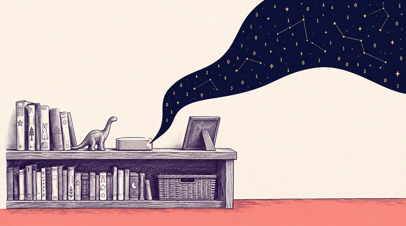 A wooden bookshelf in a family home at night: a row of children's picture books, a toy dinosaur, a photo frame turned away, and one small plain computer box with a single lit indicator, out of which a deep-navy ink river of tiny gold binary digits and gold constellation lines flows up and across the wall; flat clay-rose floor, pen-and-ink crosshatch on cream paper