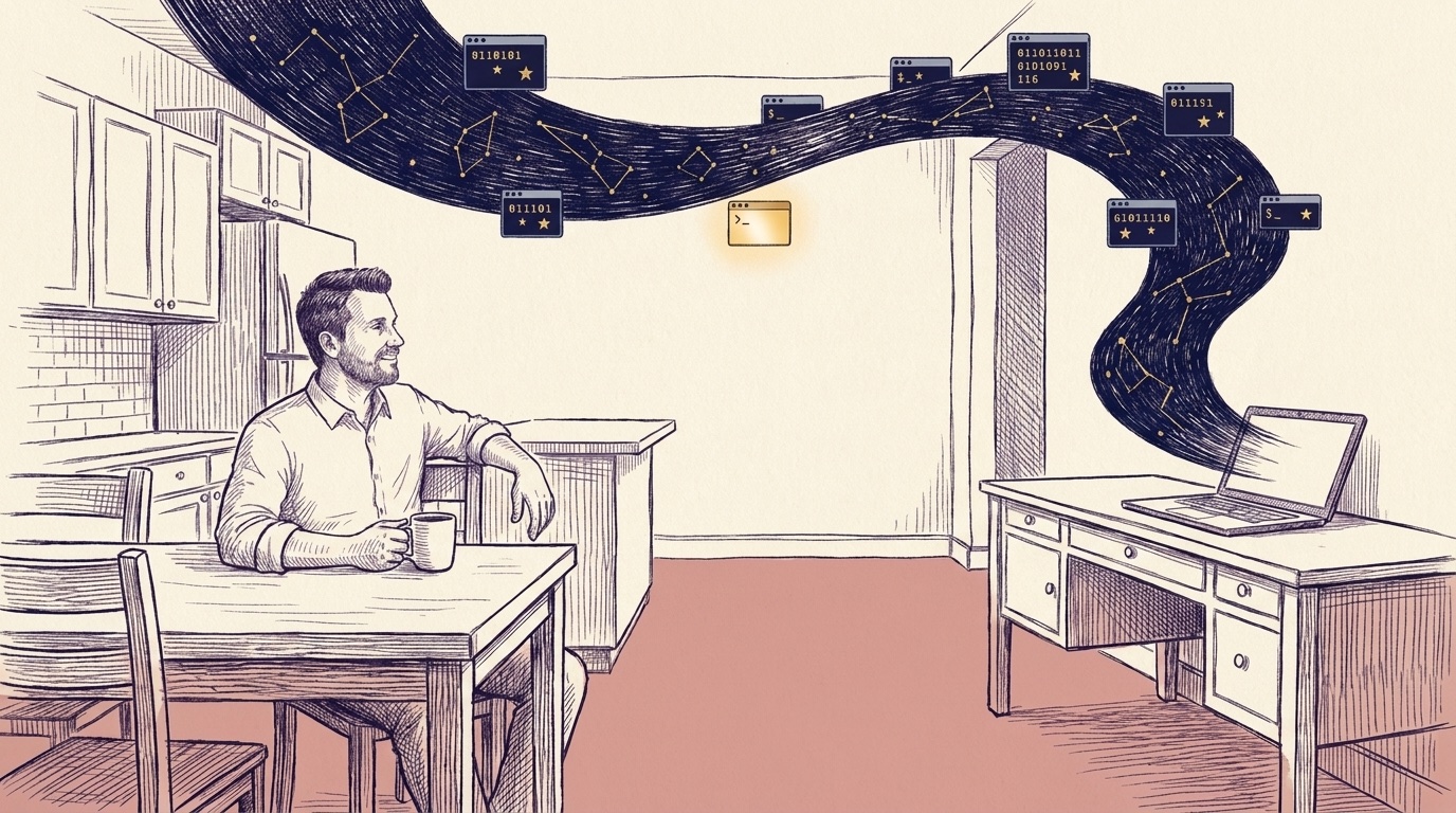Ink illustration: a man with coffee at a kitchen table watches a navy arc sweep from a laptop across the room, carrying eight small glowing terminal windows — one glowing coral