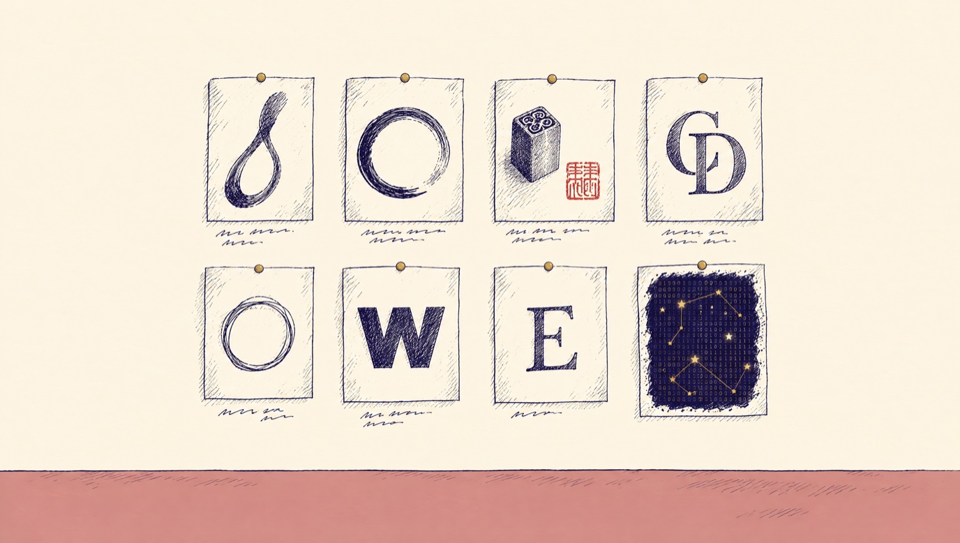A mood board drawn in pen and ink: eight small plates pinned to a cream wall with gold pushpins. A tapered brushstroke loop, an ink circle, a stone seal with its red impression, a monogram, a thin ring, a bold W, a plain E, and one plate that is a solid navy ink mass full of gold binary stars. A clay-rose floor below.