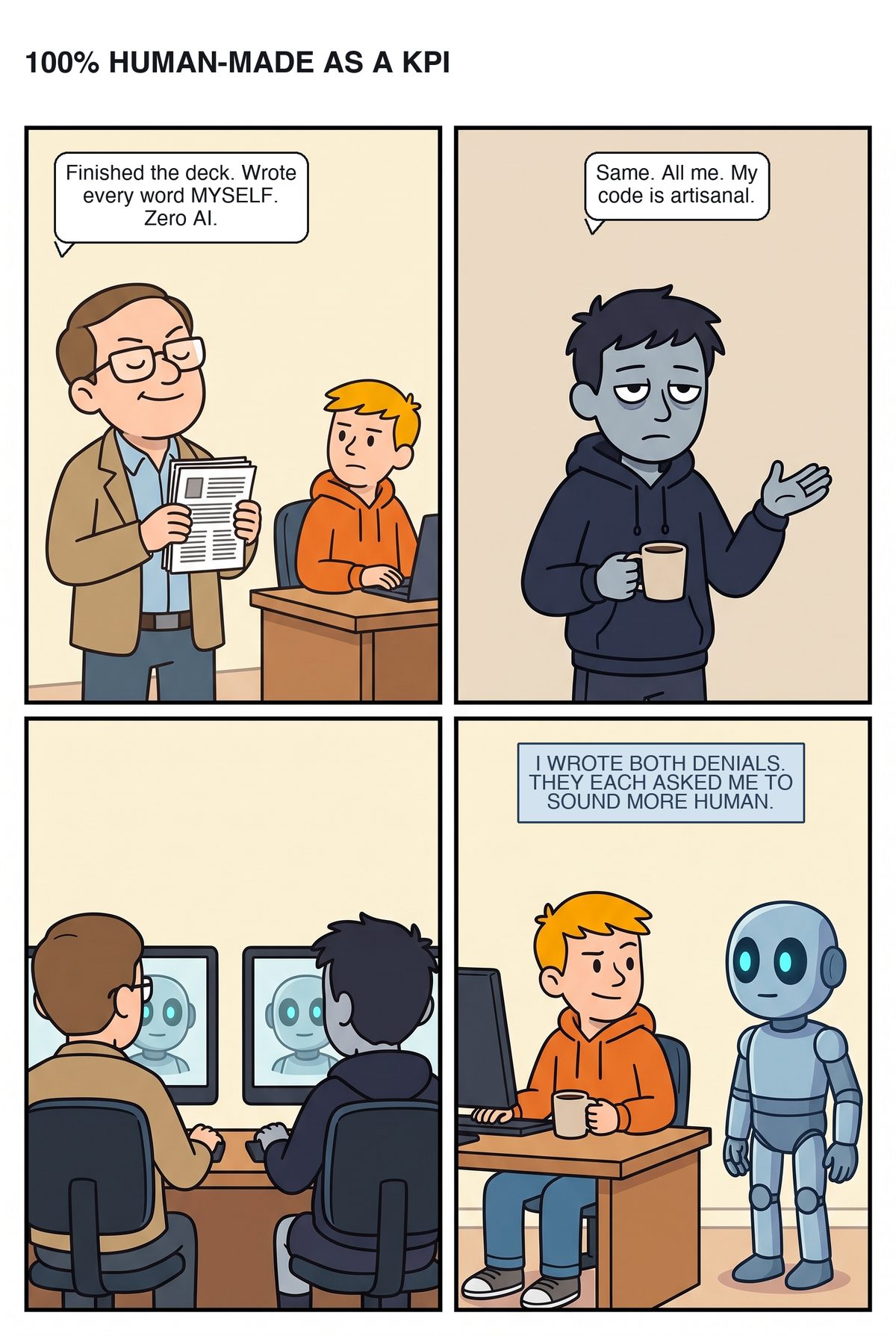 Four panels: Zane and Matt swear they don't use AI for the deck, the emails, or the strategy doc, while every monitor behind them runs Adam. Adam wrote both denials.