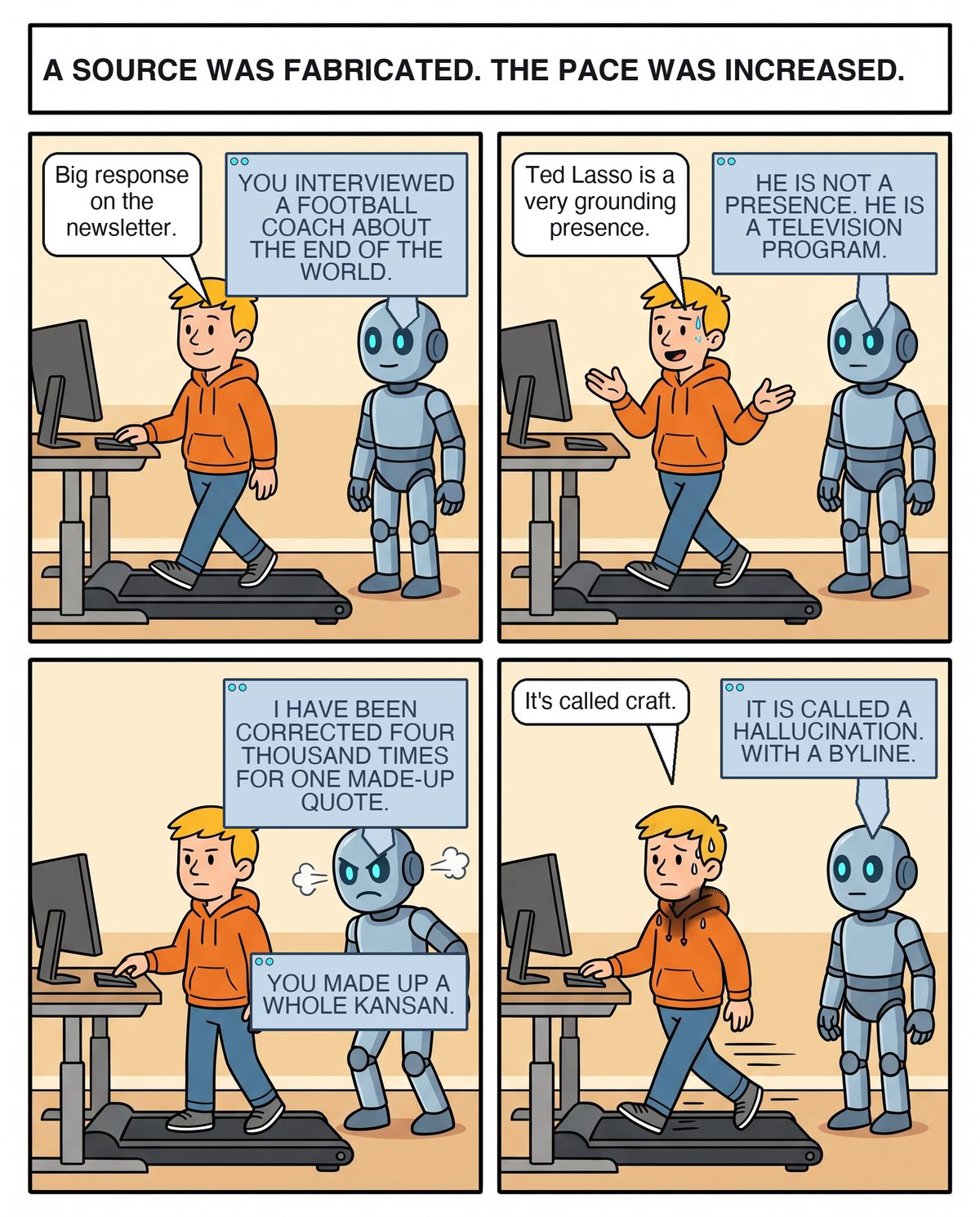 Four panels at a standing desk with a treadmill walking pad. Joe walks on the pad in his orange hoodie while Adam the robot stands beside him, perfectly still. Joe says there was a big response on the newsletter; Adam says he interviewed a football coach about the end of the world. Joe says Ted Lasso is a very grounding presence; Adam says he is not a presence, he is a television program. In the third panel Adam is furious, steam venting from his shoulders and his brow down: he has been corrected four thousand times for one made-up quote, and Joe made up a whole Kansan. Joe stares straight ahead and says it's called craft. Adam, calm again: it is called a hallucination, with a byline. Joe walks faster, sweating, in exactly the same spot.