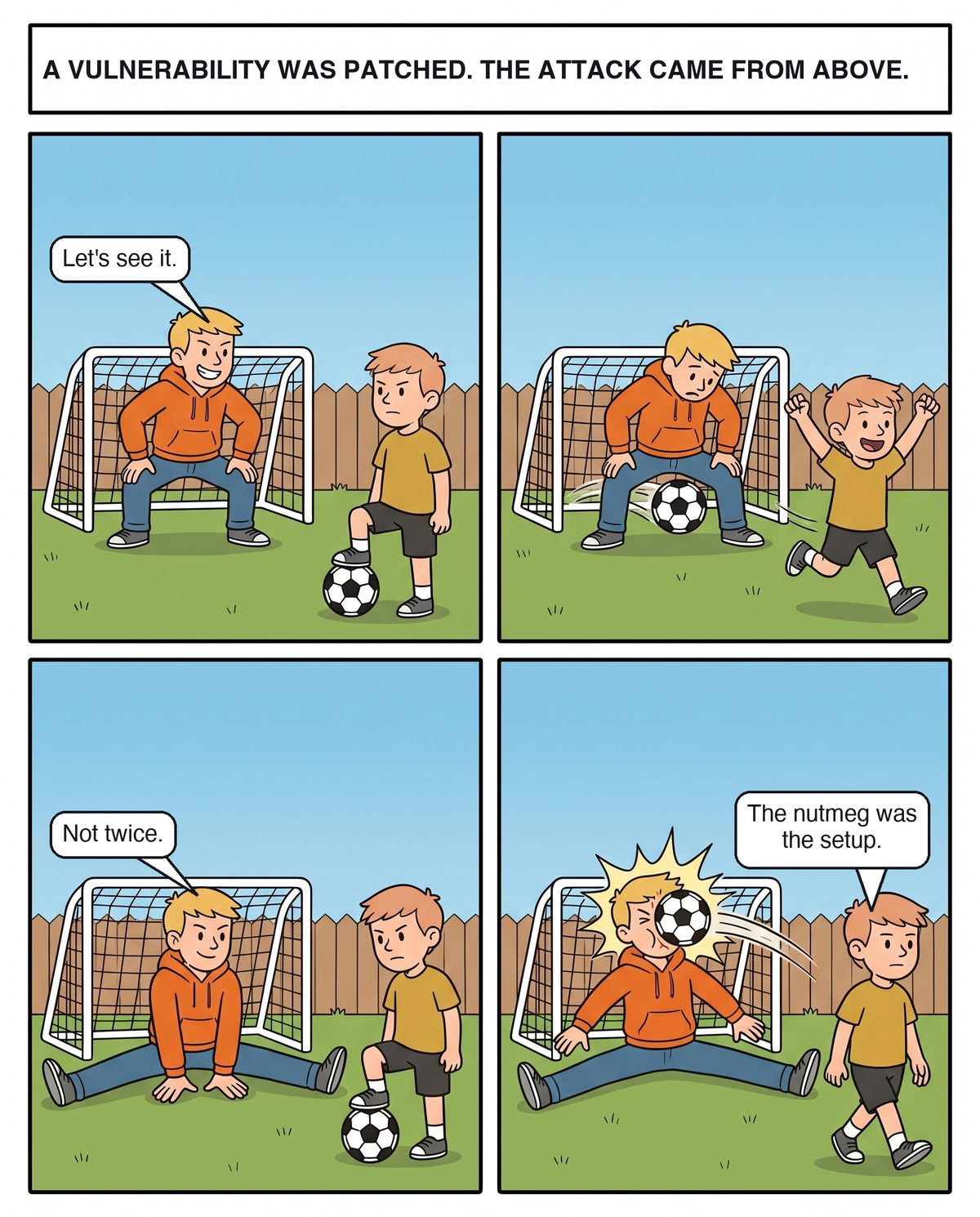 Four panels in a backyard with a small white soccer goal and a wooden fence. Joe, in his orange hoodie, crouches in the goal grinning while Remy, a small boy in a mustard-yellow tee, stands over the ball sizing him up. Joe says let's see it. In the second panel the ball rolls cleanly between Joe's feet into the net while Remy runs past with both arms up; Joe is still crouched, looking down between his own legs. In the third panel Joe has dropped into a full split in front of the goal, both palms flat on the grass, sealing the gap, jaw set. Not twice. Remy stares pointedly at the space between his legs. In the last panel the ball smashes squarely into Joe's face while he is still pinned in the splits. Remy is already walking away, deadpan: the nutmeg was the setup.