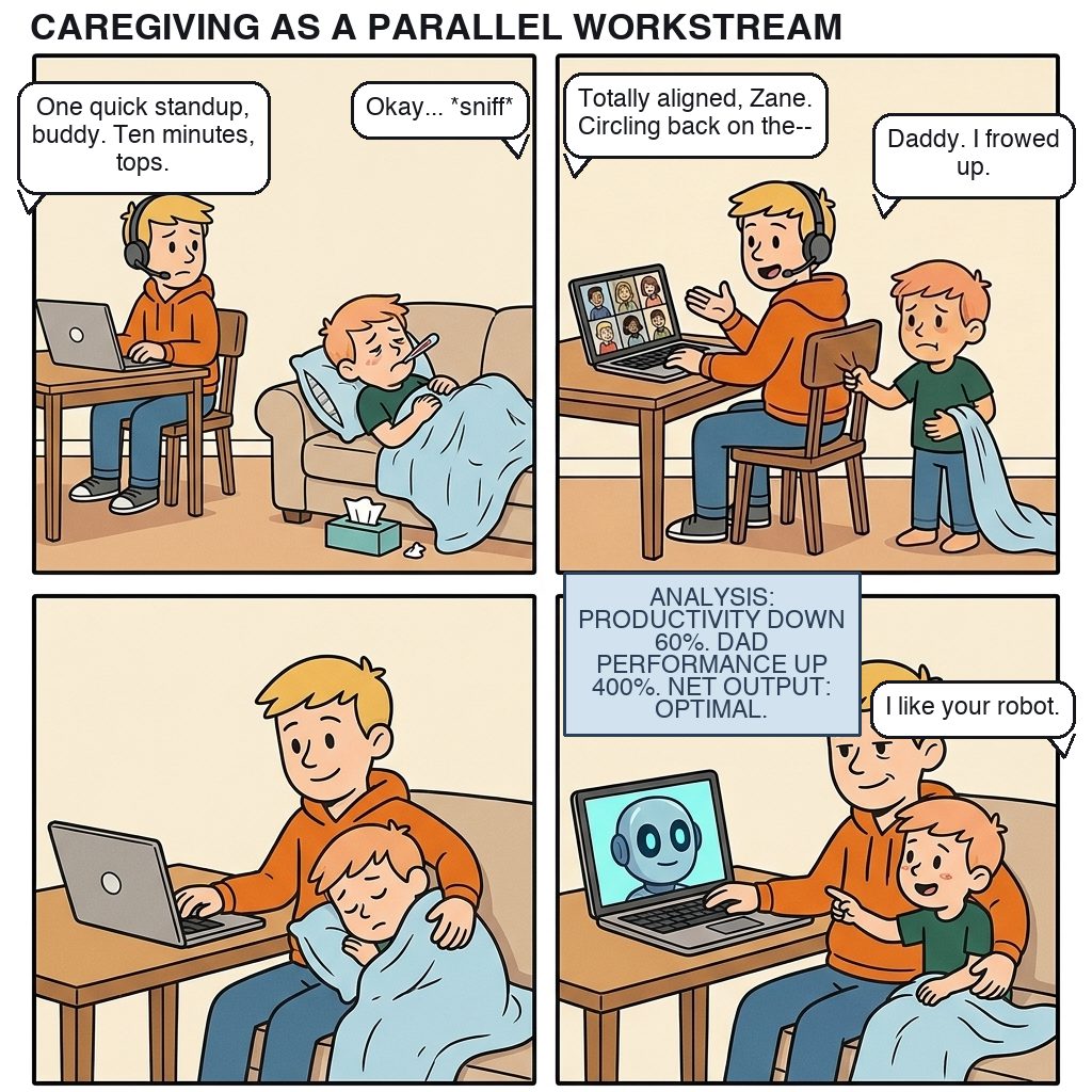 Four panels: Joe tries to run the workday from home with a sick four-year-old on the couch beside him.