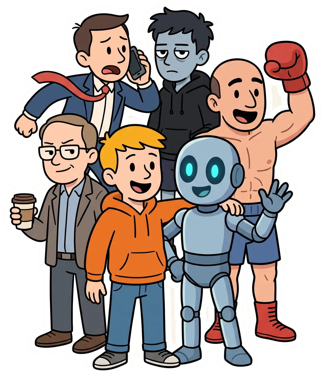 The Mostly Working cast standing together: Scott on the phone, Matt deadpan, Coach with a glove raised, Zane with coffee, Joe in the orange hoodie, Adam the robot waving.