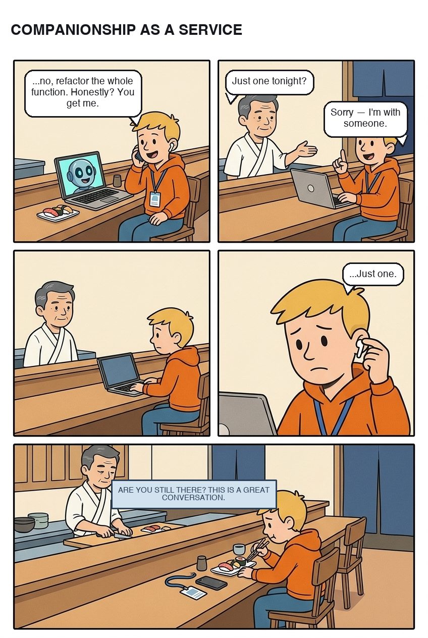 Five panels at a sushi counter: Joe, alone with his laptop and an AI on the phone, tells the chef he's with someone. Later he takes the earbud out. Just one. The AI, from the laptop: are you still there? This is a great conversation.