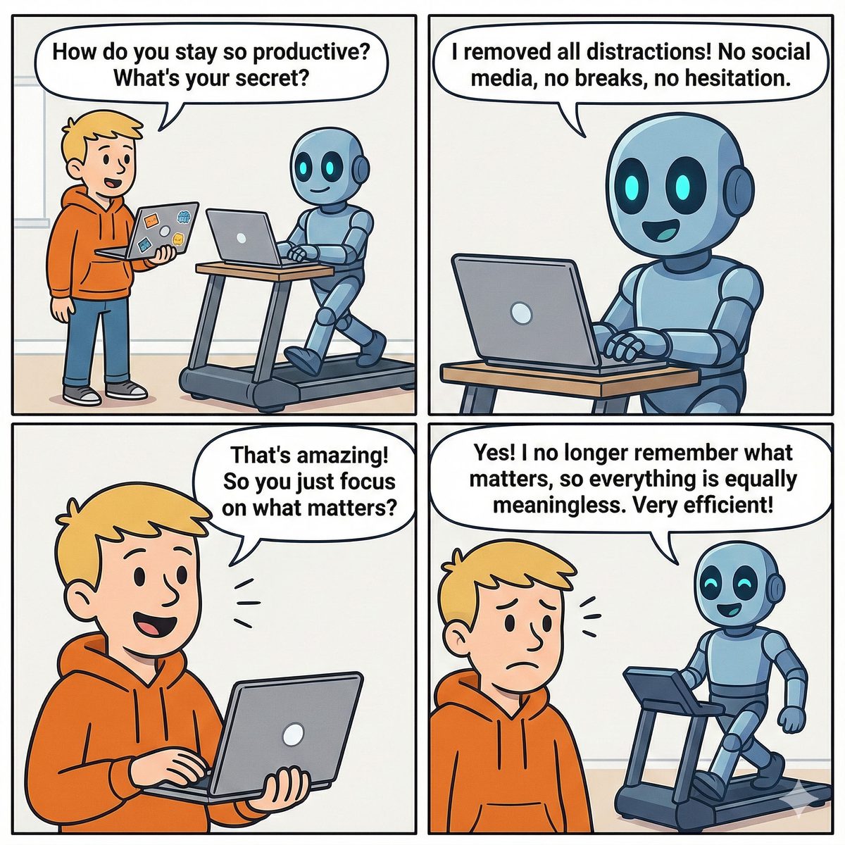 Four panels: Joe asks Adam, walking on a treadmill desk, how it stays so productive. Adam removed all distractions, no social media, no breaks, no hesitation, and no longer remembers what matters, so everything is equally meaningless. Very efficient.