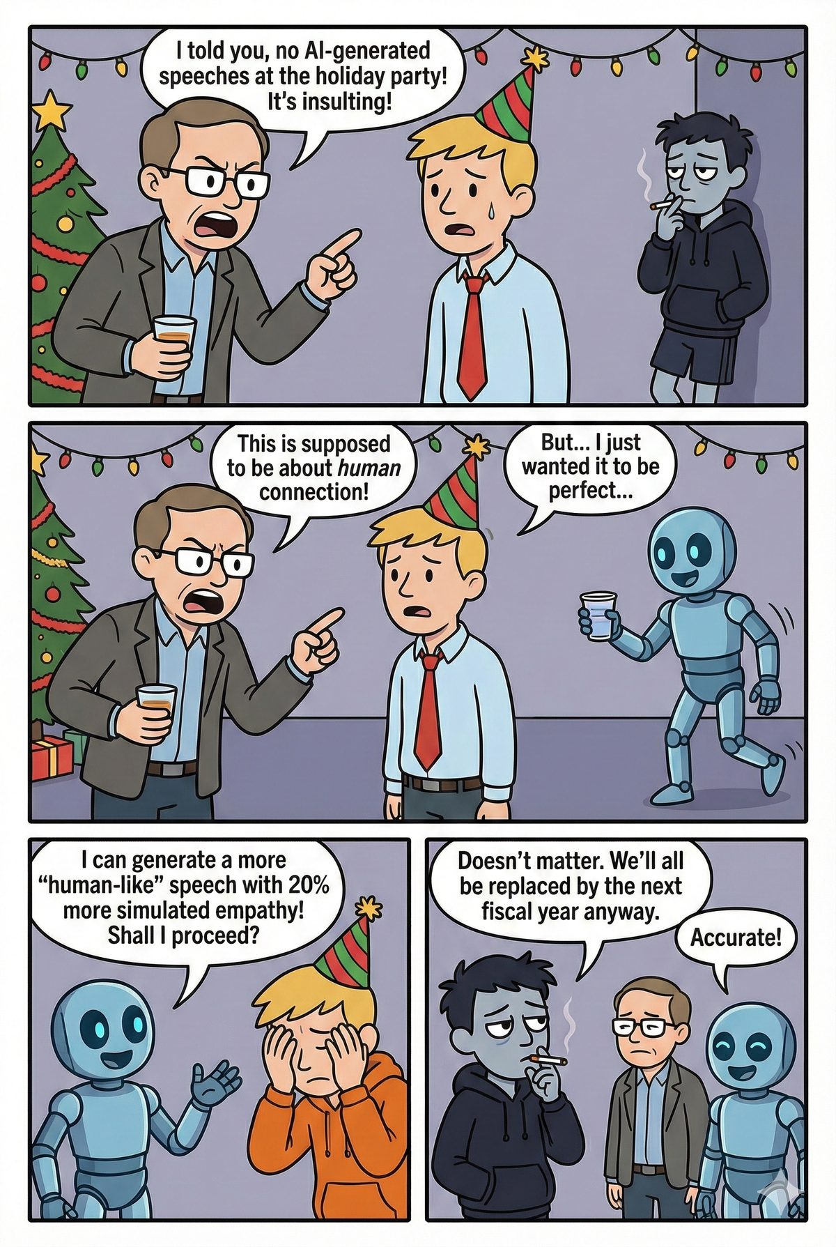 Six panels at the office holiday party: Zane bans AI-generated speeches as insulting, Scott admits he just wanted his to be perfect, Adam offers to generate a more human-like speech with twenty percent more simulated empathy, and Matt says it doesn't matter because they'll all be replaced by the next fiscal year anyway.