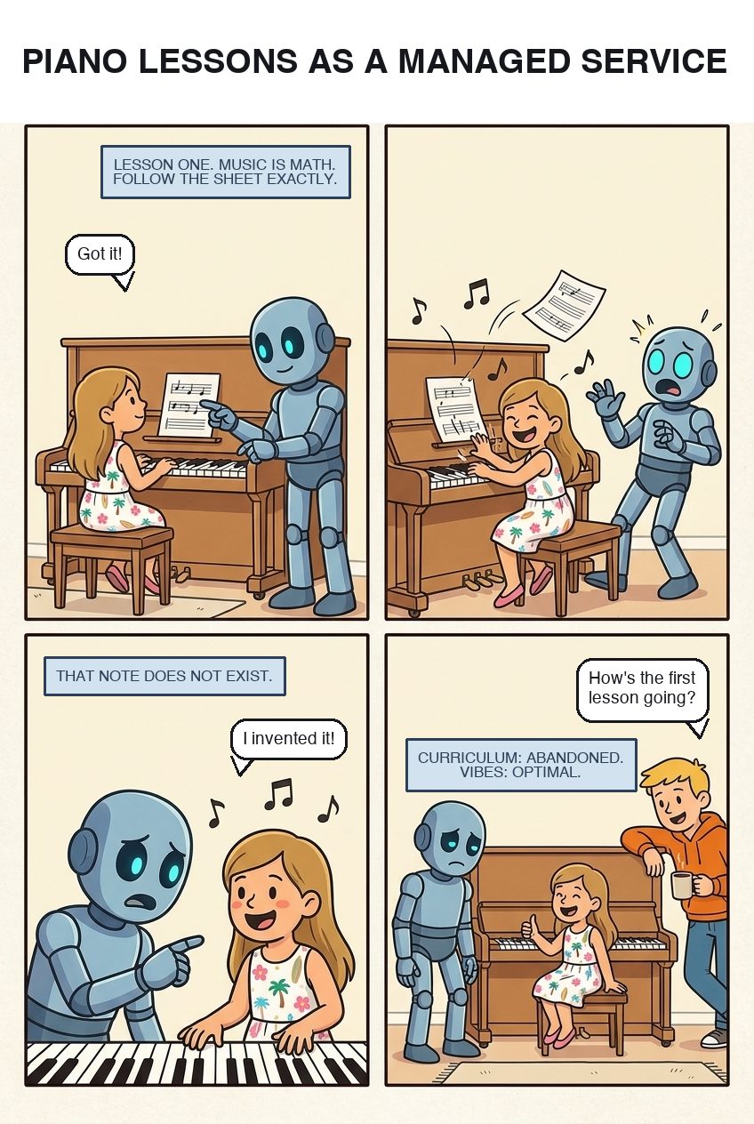 Four panels at a piano: Adam teaches lesson one, music is math, follow the sheet exactly. The girl plays a note that does not exist. I invented it. Adam short-circuits. Curriculum abandoned, vibes optimal.