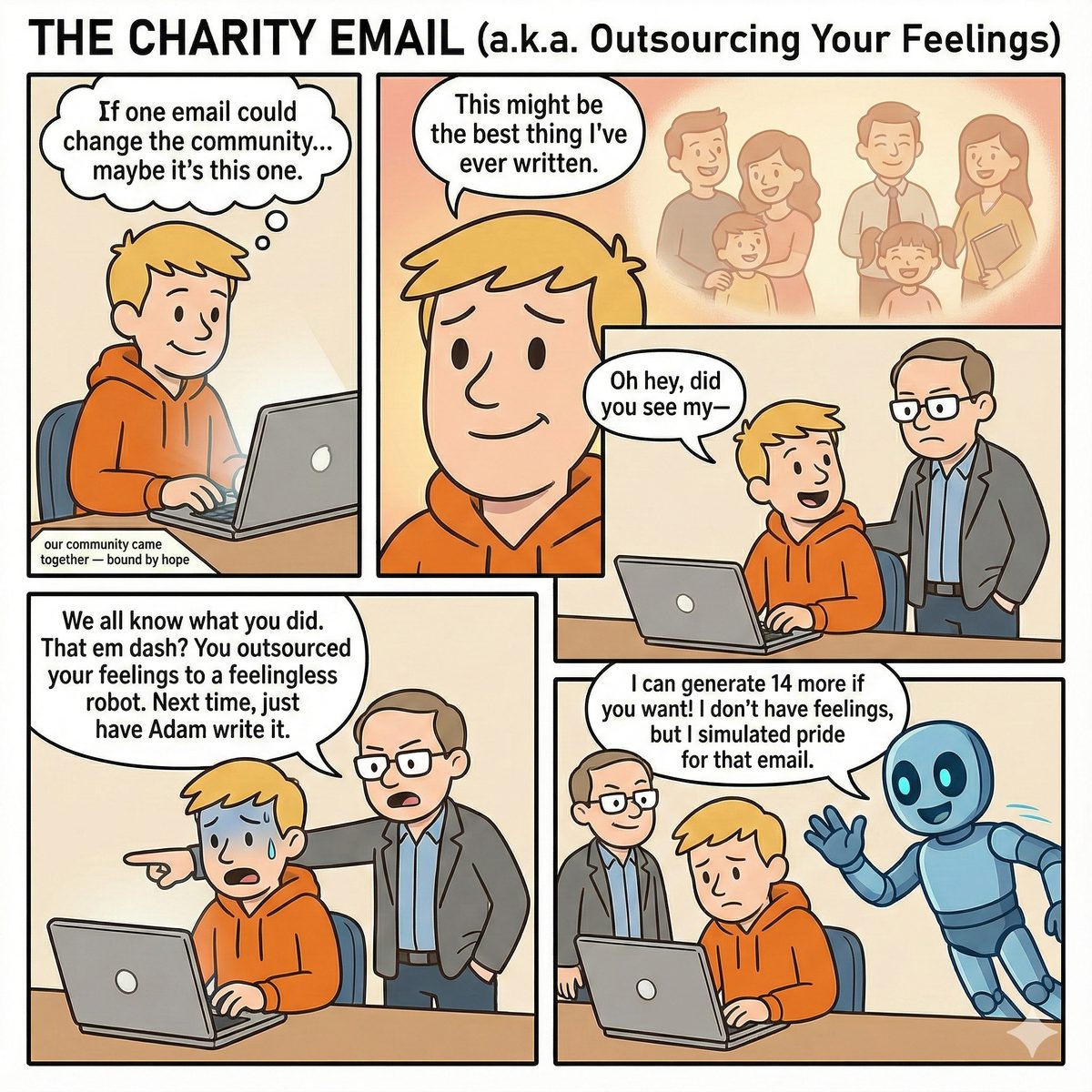 Four panels: Joe writes what he thinks is the best email of his life for a community fundraiser, Zane catches the em dash and accuses him of outsourcing his feelings to a robot, and Adam offers to generate fourteen more.