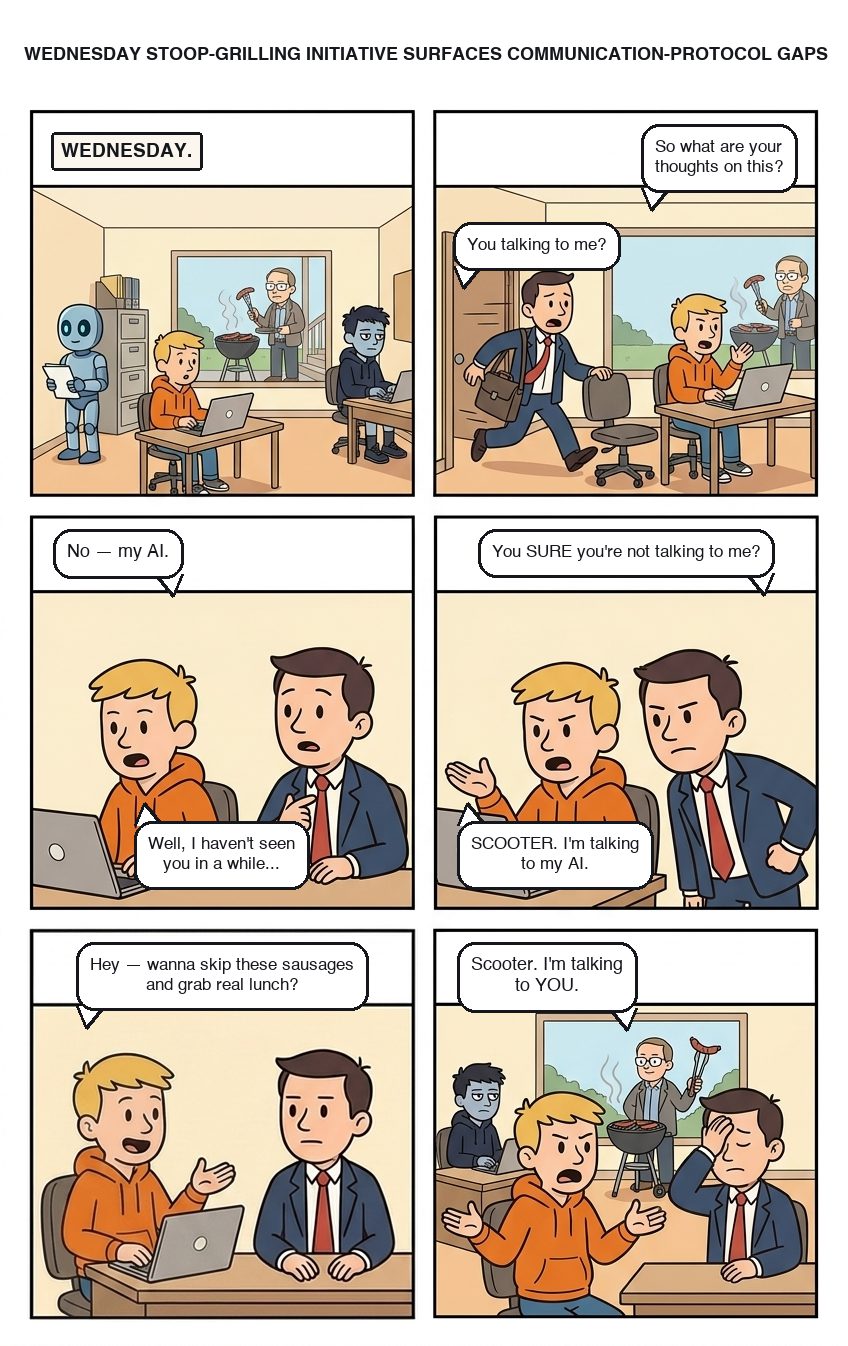 Six panels on a Wednesday: Adam asks for thoughts on the grilling initiative. Zane and Scott can't tell whether Joe is talking to them or to his AI. Scooter, I'm talking to my AI. Scooter, I'm talking to you. Nobody gets lunch.