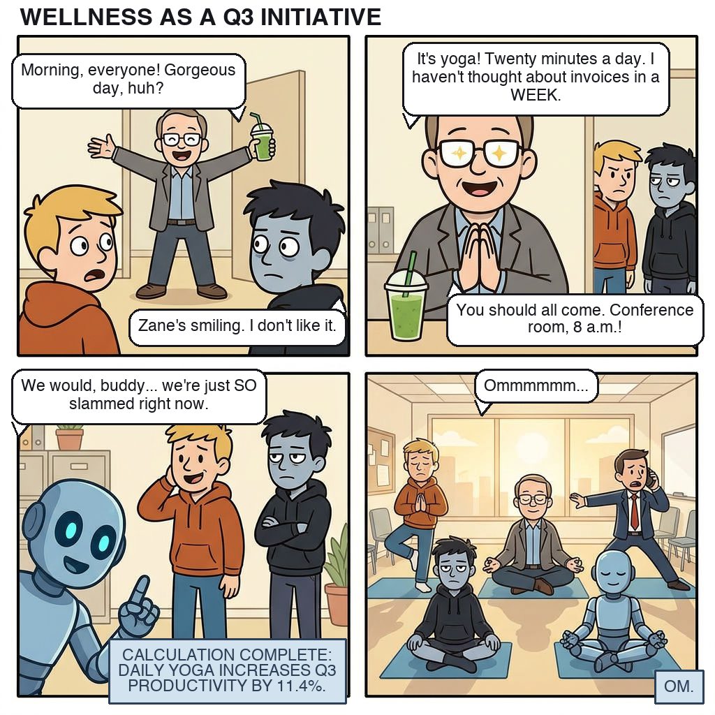 Four panels: Zane announces yoga, twenty minutes a day, and hasn't thought about invoices in a week. Joe and Matt are too slammed. Adam calculates that daily yoga increases Q3 productivity by 11.4 percent. Everyone ends up in the conference room at 8 a.m. Om.