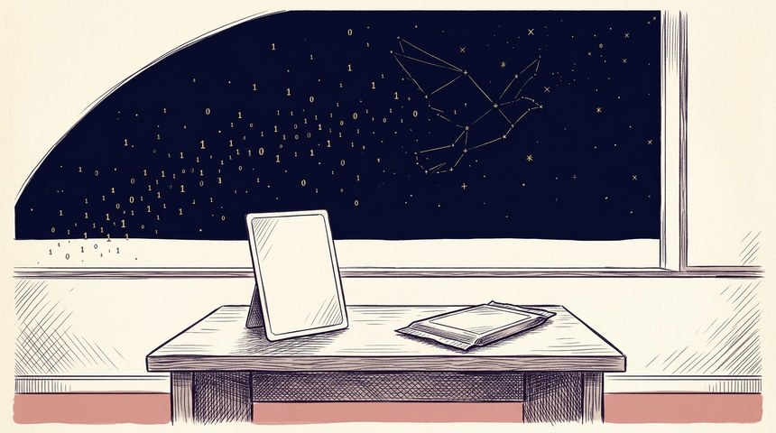 A small table under a window at home, with one blank trading card propped up where a trophy would stand and a sealed pack lying beside it; through the window, a deep-navy night sky where gold constellation lines draw a falcon; pen-and-ink crosshatch on cream