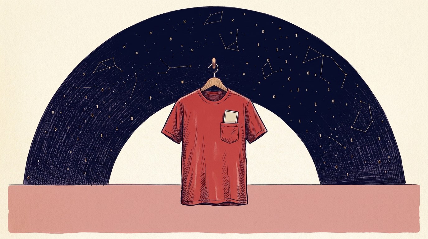 A small red soccer shirt on a hanger, hung from a hook and seen straight on, with one blank trading card tucked in its chest pocket; behind it a single deep-navy arch of night sky full of gold constellation lines; a flat clay-rose ground, pen-and-ink crosshatch on cream