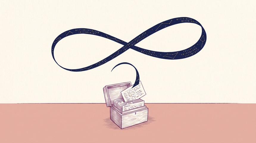 A small wooden recipe-card box on a clay-rose ground, lid open and packed with handwritten cards, one card lifted half out; from it a deep-navy ribbon of gold binary digits rises and loops into a wide figure eight across the cream sky; pen-and-ink crosshatch