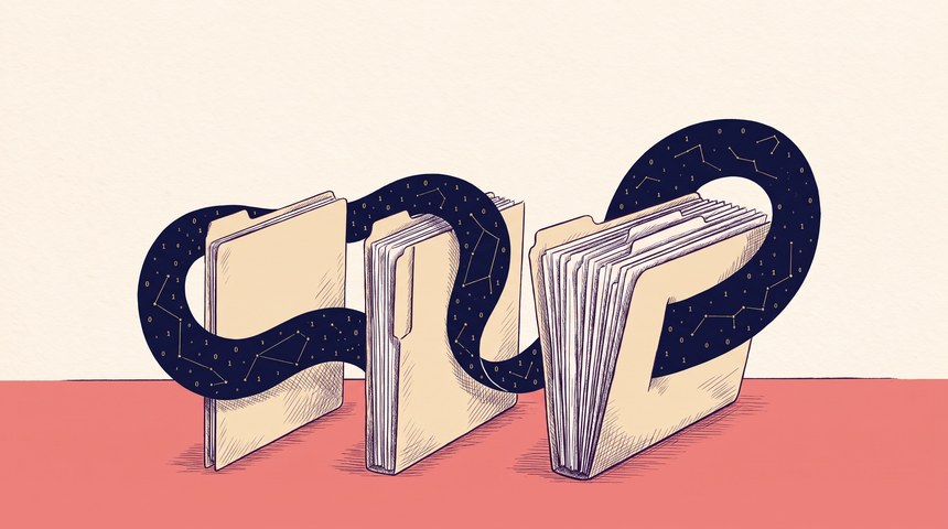 Three plain manila folders standing on a clay-rose ground, one thin, one medium, one thick and overflowing with cards, joined by a single deep-navy ribbon of gold binary digits and constellation lines that threads through all three; pen-and-ink crosshatch on cream