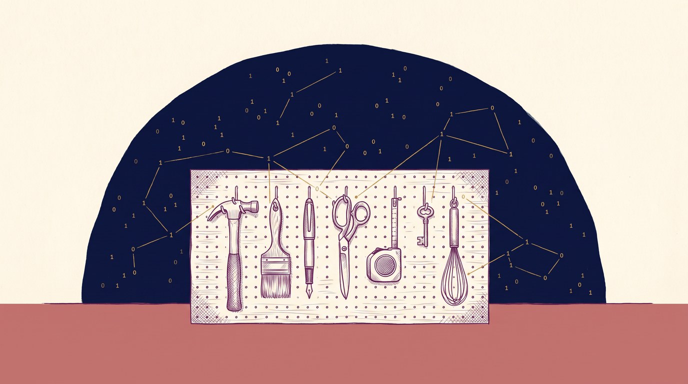 A pegboard wall standing on a clay-rose ground, hung with ordinary hand tools each inside its own painted outline: a hammer, a paintbrush, a fountain pen, scissors, a tape measure, a small key and a whisk; behind it a deep-navy arch of night sky whose gold constellation lines join the tools like stars; pen-and-ink crosshatch on cream