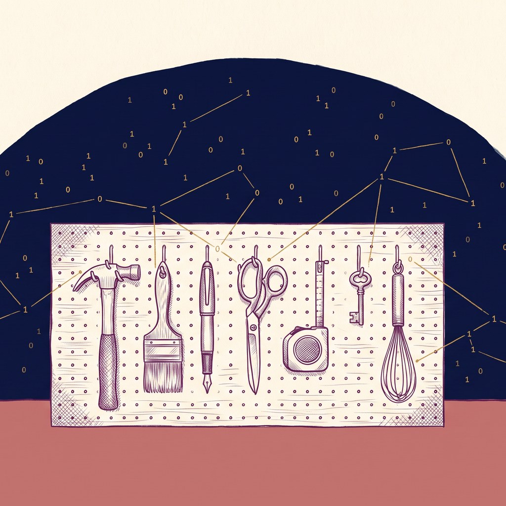 A pegboard of ordinary hand tools, each inside its own painted outline, under a deep-navy arch of night sky whose gold constellation lines join them like stars; pen-and-ink crosshatch on cream