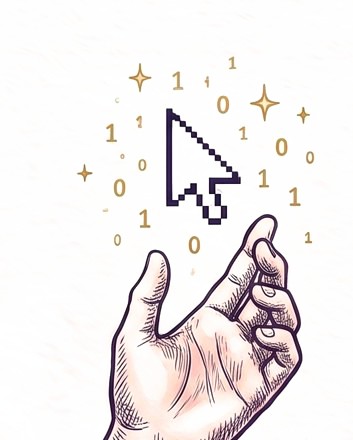 An ink spot illustration: a hand reaching toward a pixel cursor amid scattered binary digits.