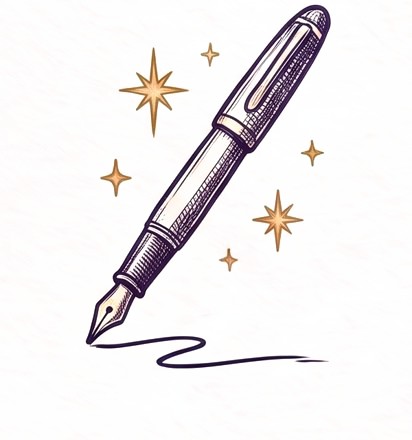 An ink spot illustration: a fountain pen with a small flourish and stars.