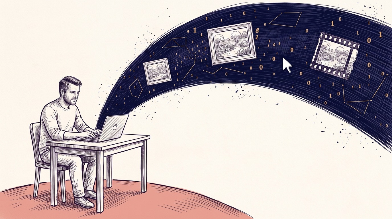 Joe at his desk; the navy star-river arcs out of the laptop carrying a garden picture that becomes a film strip