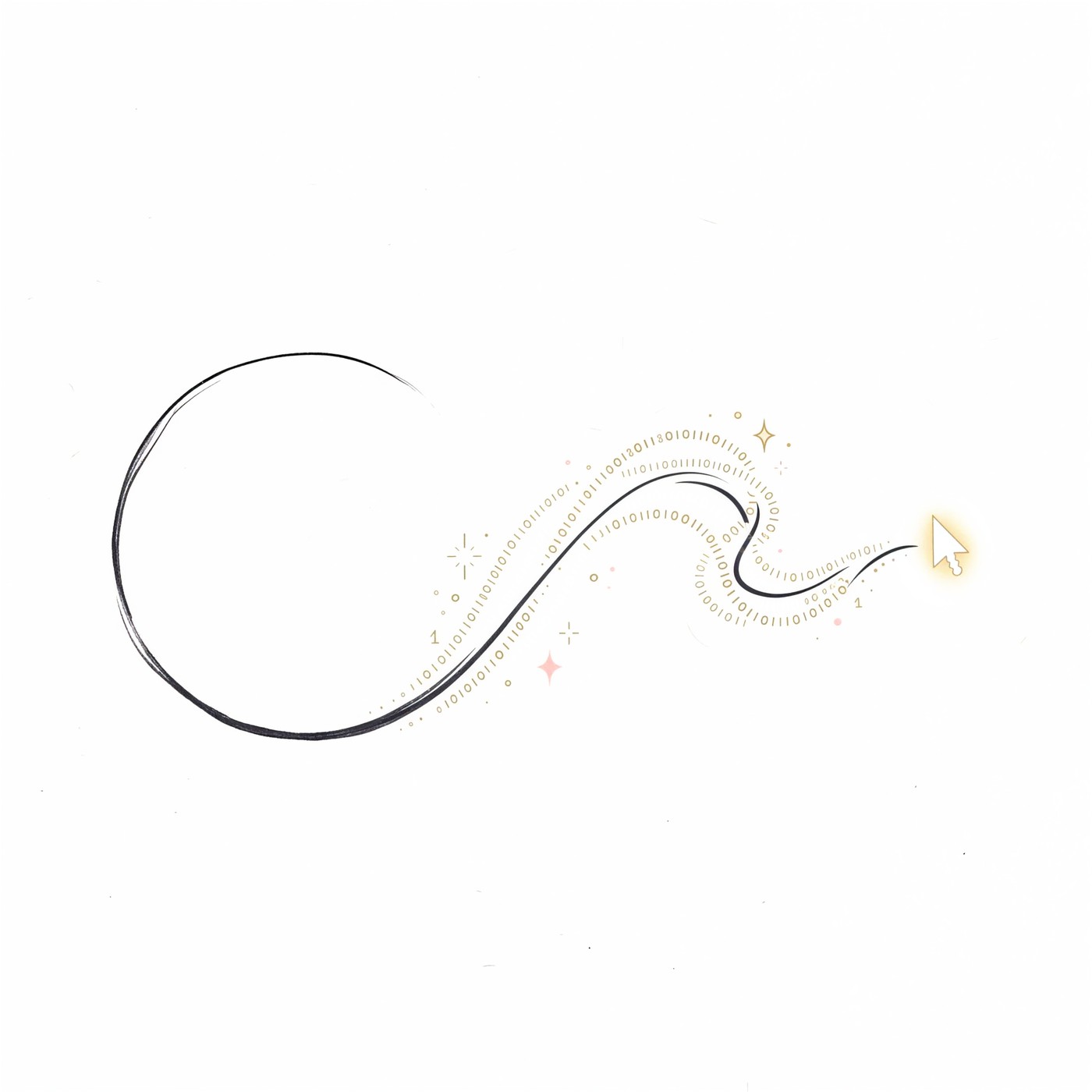 A symbolic ink illustration: a single open brush-arc that dissolves along its length into a flowing stream of gold and white binary digits, ending at a small glowing pixel cursor.