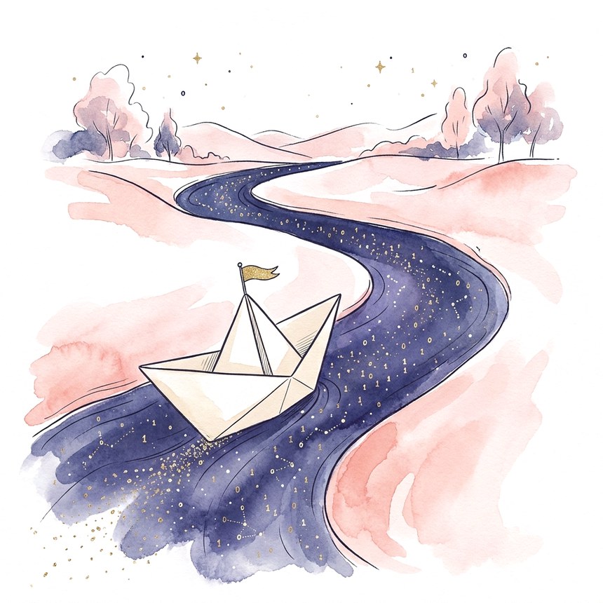A paper boat flying a small gold flag, sailing a winding navy river of stars and binary digits through soft rose country.