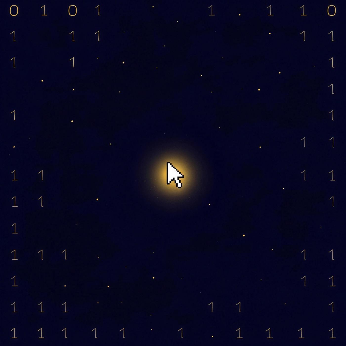 A symbolic ink illustration: a nearly empty deep-navy night field with a faint scatter of binary digits and, at its center, a single glowing white pixel cursor emitting a soft gold halo.