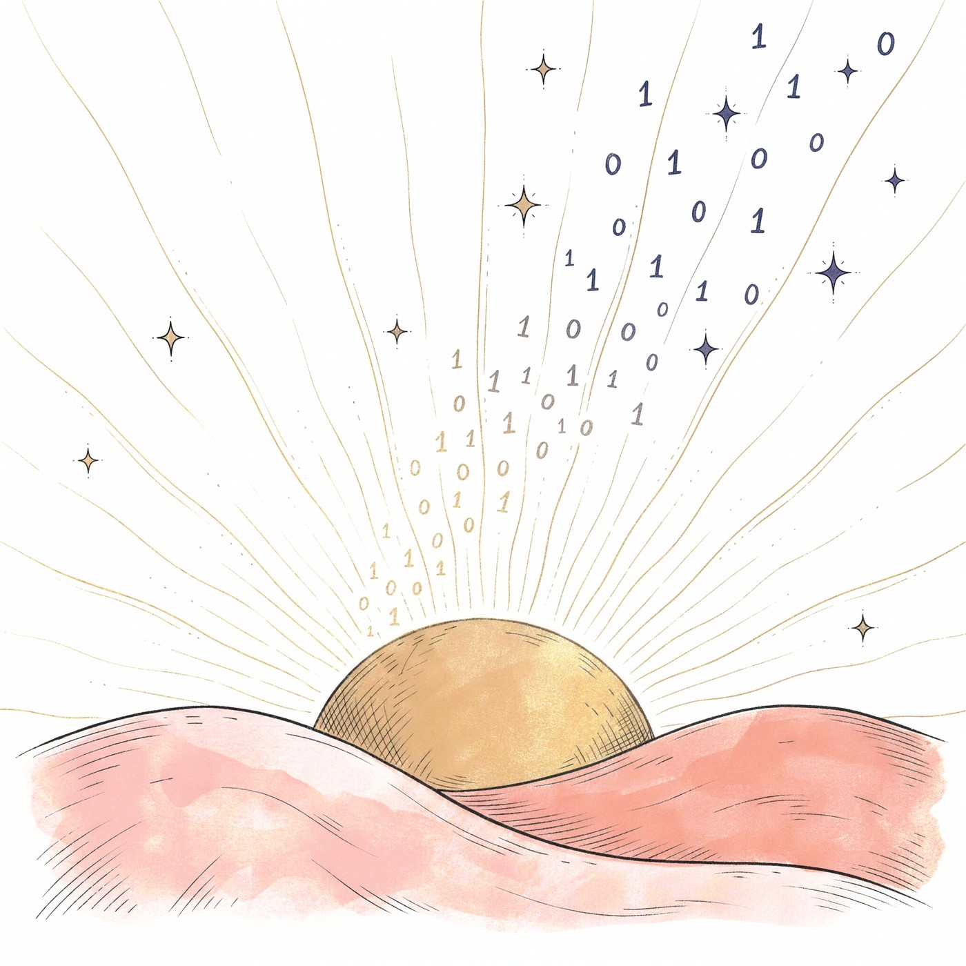 A symbolic ink illustration: a gold sun cresting between two soft rose hills, thin hand-drawn rays fanning upward, and a small flock of binary digits rising into the pale sky like morning birds.