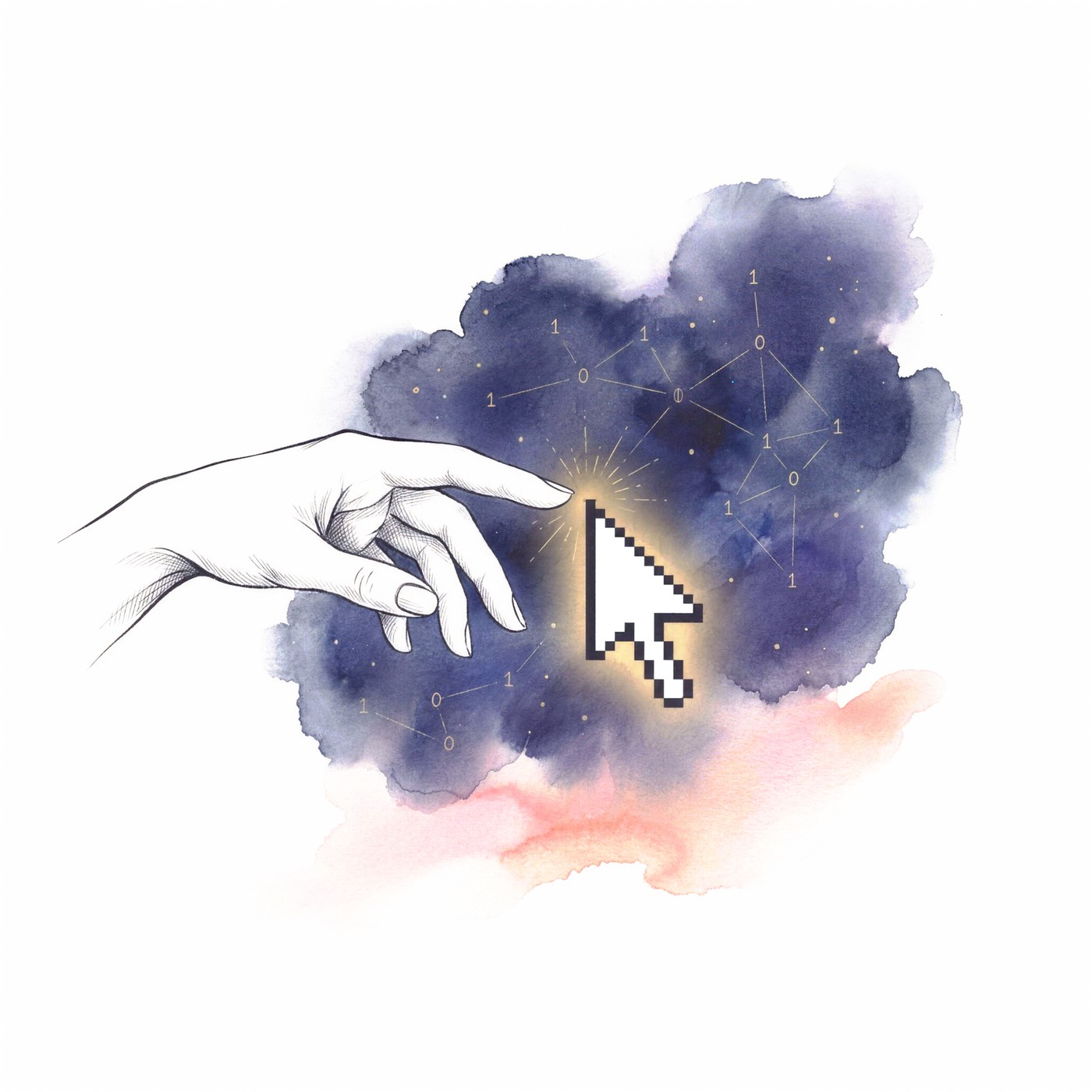 A symbolic ink illustration: a hand drawn in fine ink line reaches toward a white pixel cursor at the heart of a navy star-cloud laced with faint constellation lines, a small gold spark where fingertip and cursor meet, a rose wash below.