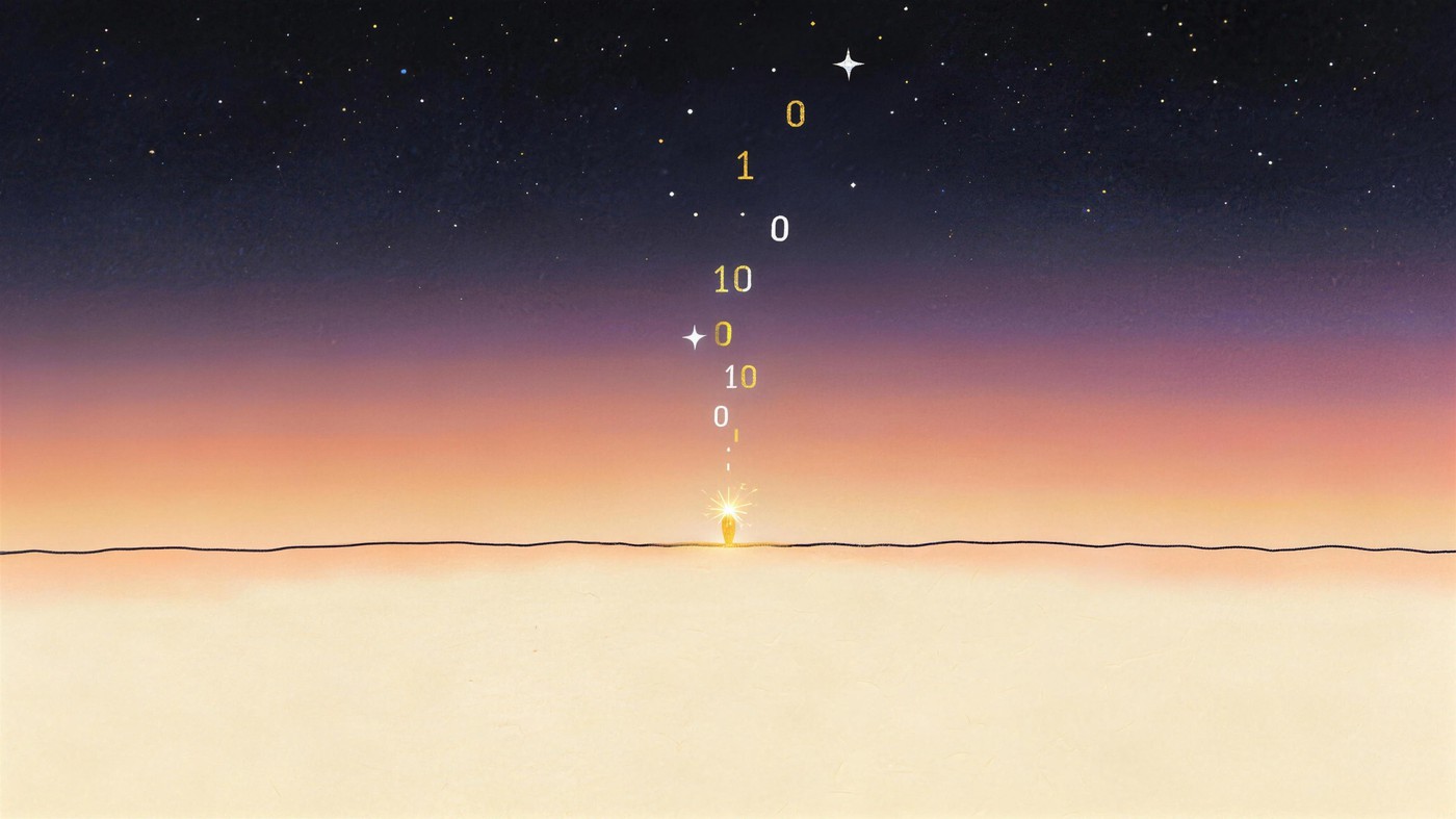 A symbolic ink illustration, wide: a calm horizon where warm dawn-rose air dissolves upward into a cosmos-navy night, a few binary-digit stars rising, one gold spark on the horizon line.