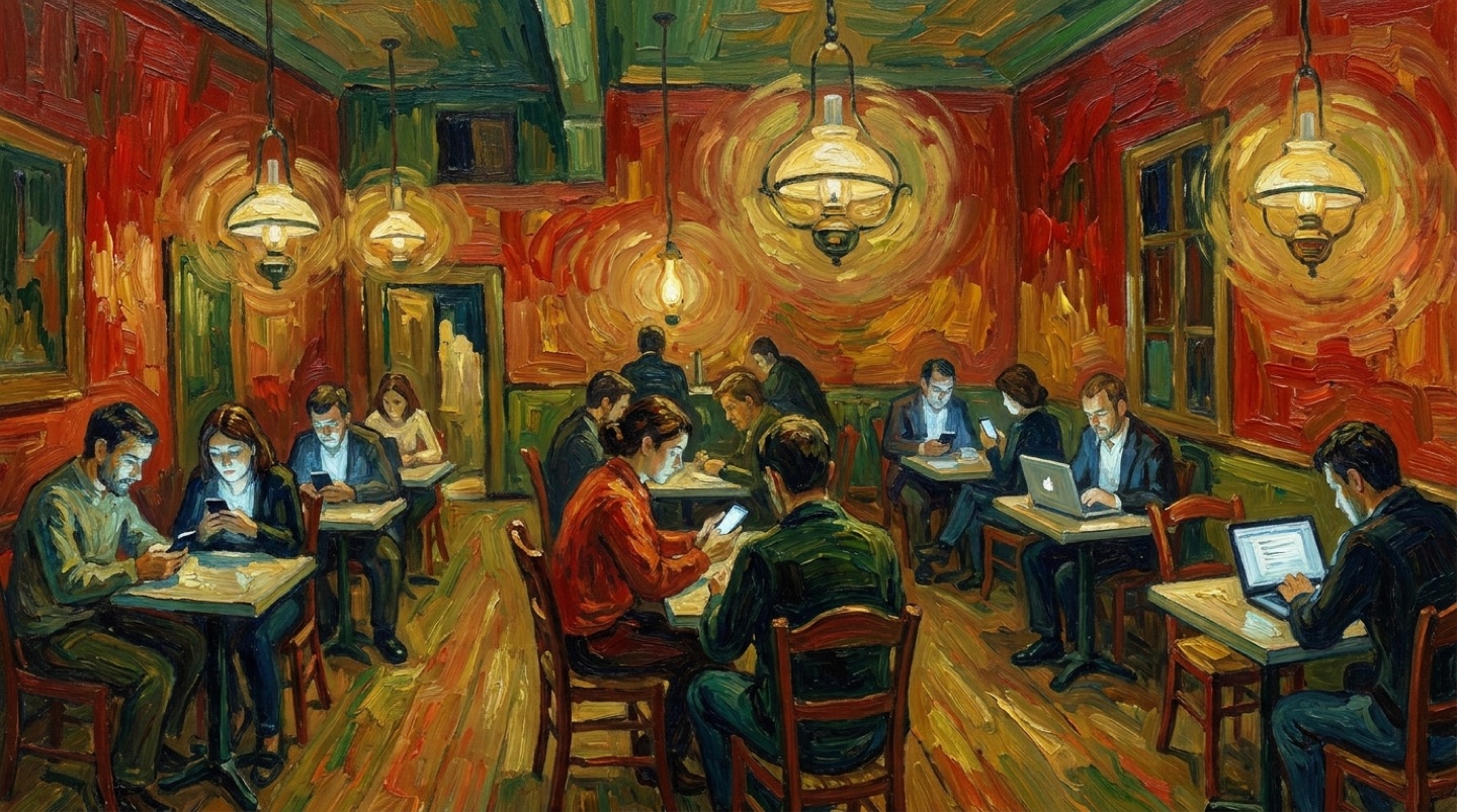 A Van Gogh-style oil painting of a night café where every patron is lit by the glow of their own screen