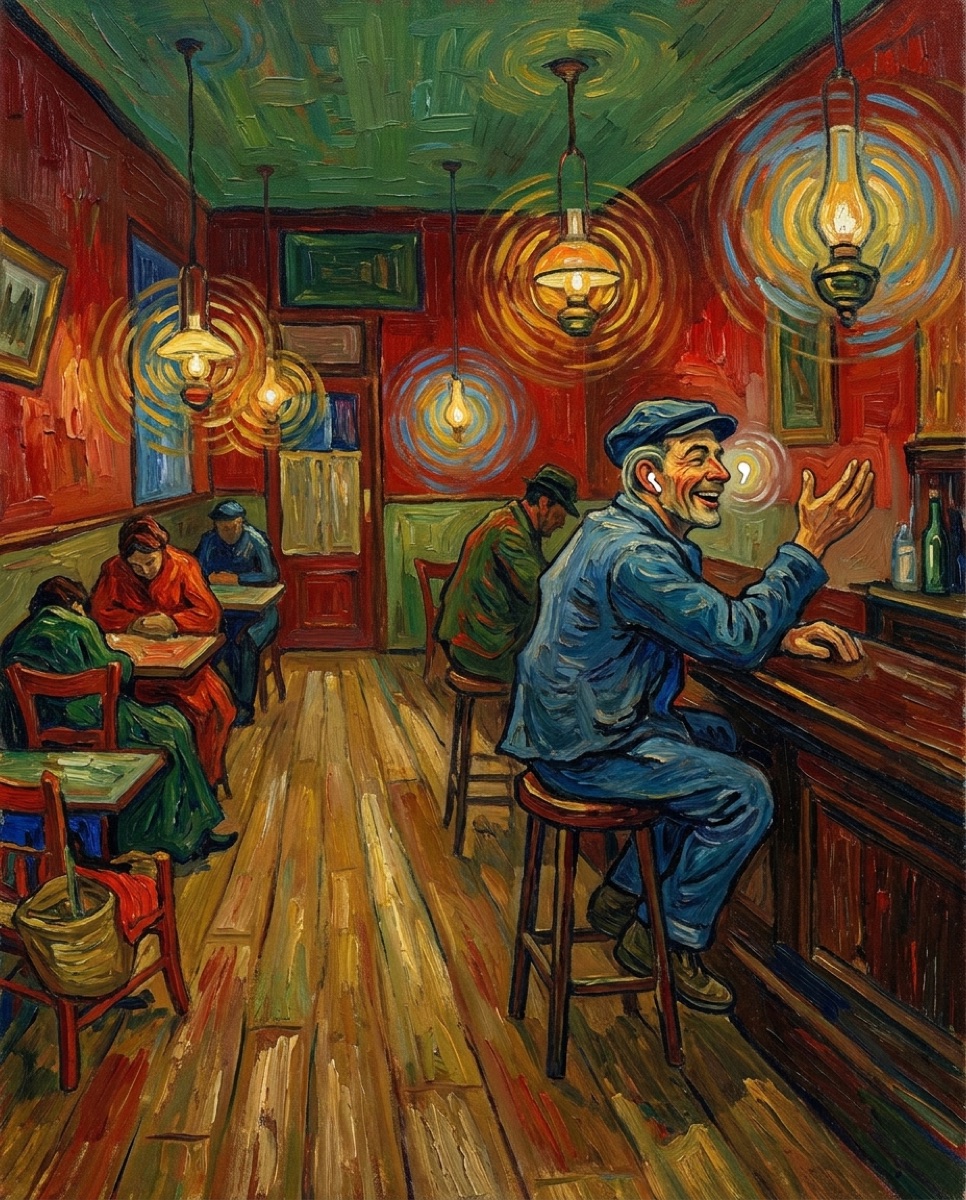 A Van Gogh-style painting of a man alone at a bar, laughing and gesturing, a single white earbud in his ear glowing like the gas lamps behind him