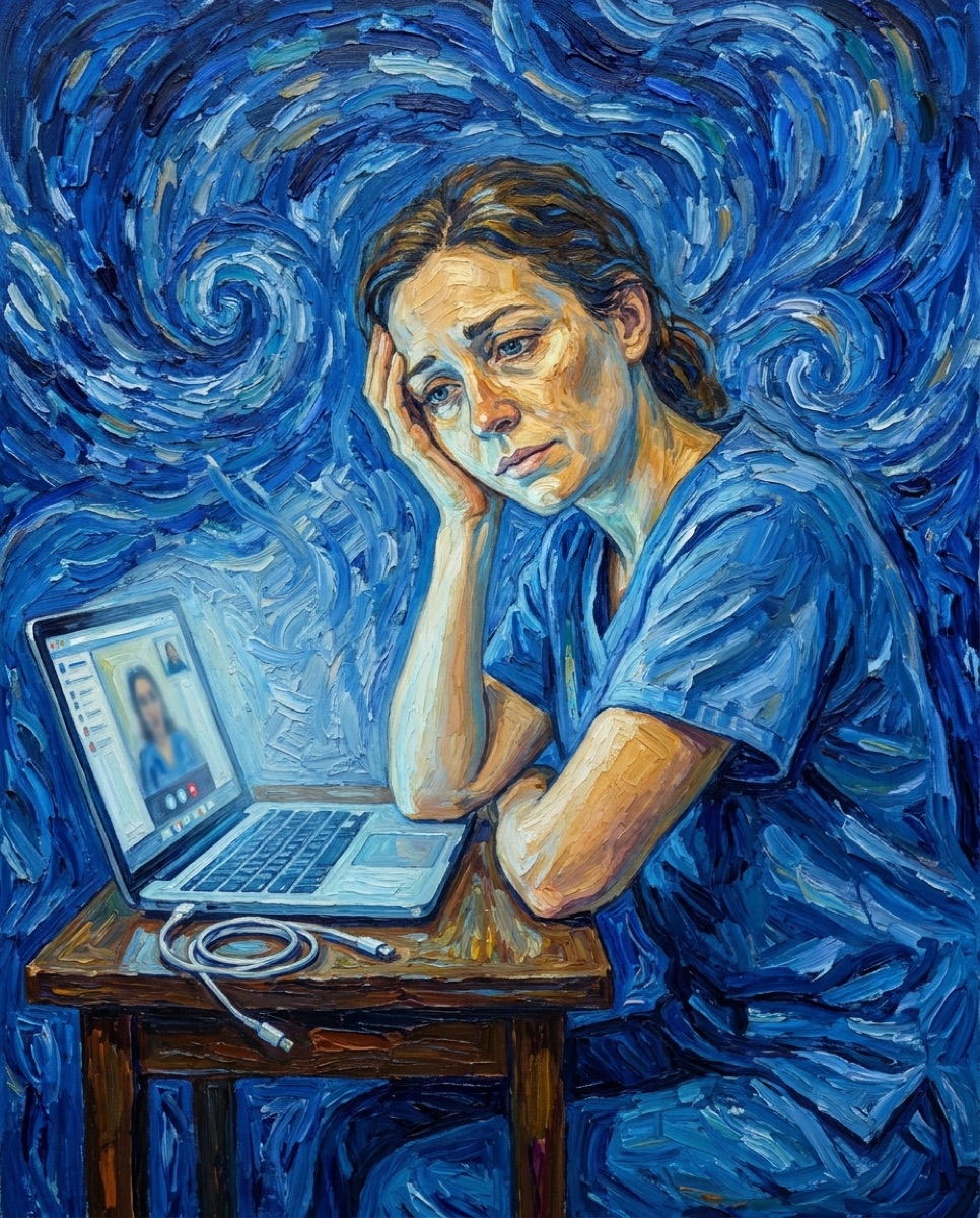 A Van Gogh-style painting of a tired nurse resting her head on her hand in the pose of Dr. Gachet, an open laptop glowing beside her, a charger cable where a sprig of foxglove once lay