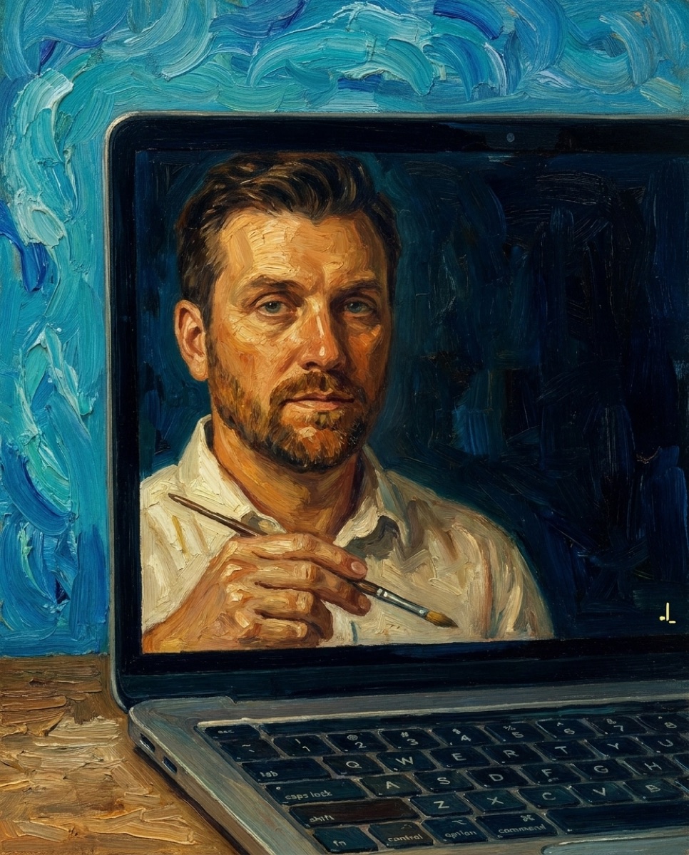 A Van Gogh-style self-portrait in which the man's face appears as a reflection in the dark screen of a closed laptop, a paintbrush in his hand, swirling blue background