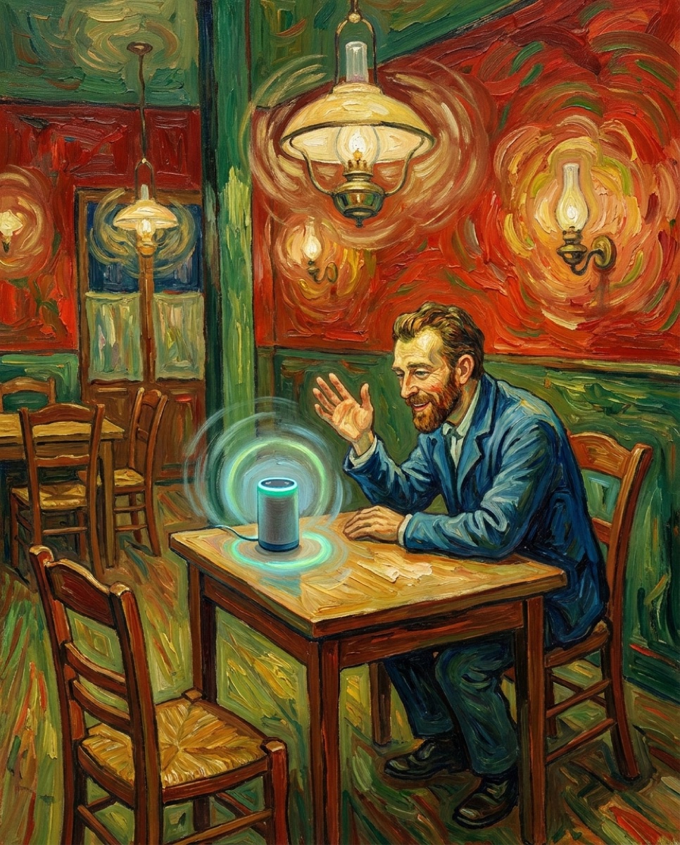 A Van Gogh-style painting of a man leaning in to talk warmly to a small glowing voice-assistant speaker on a café table, no phone in sight