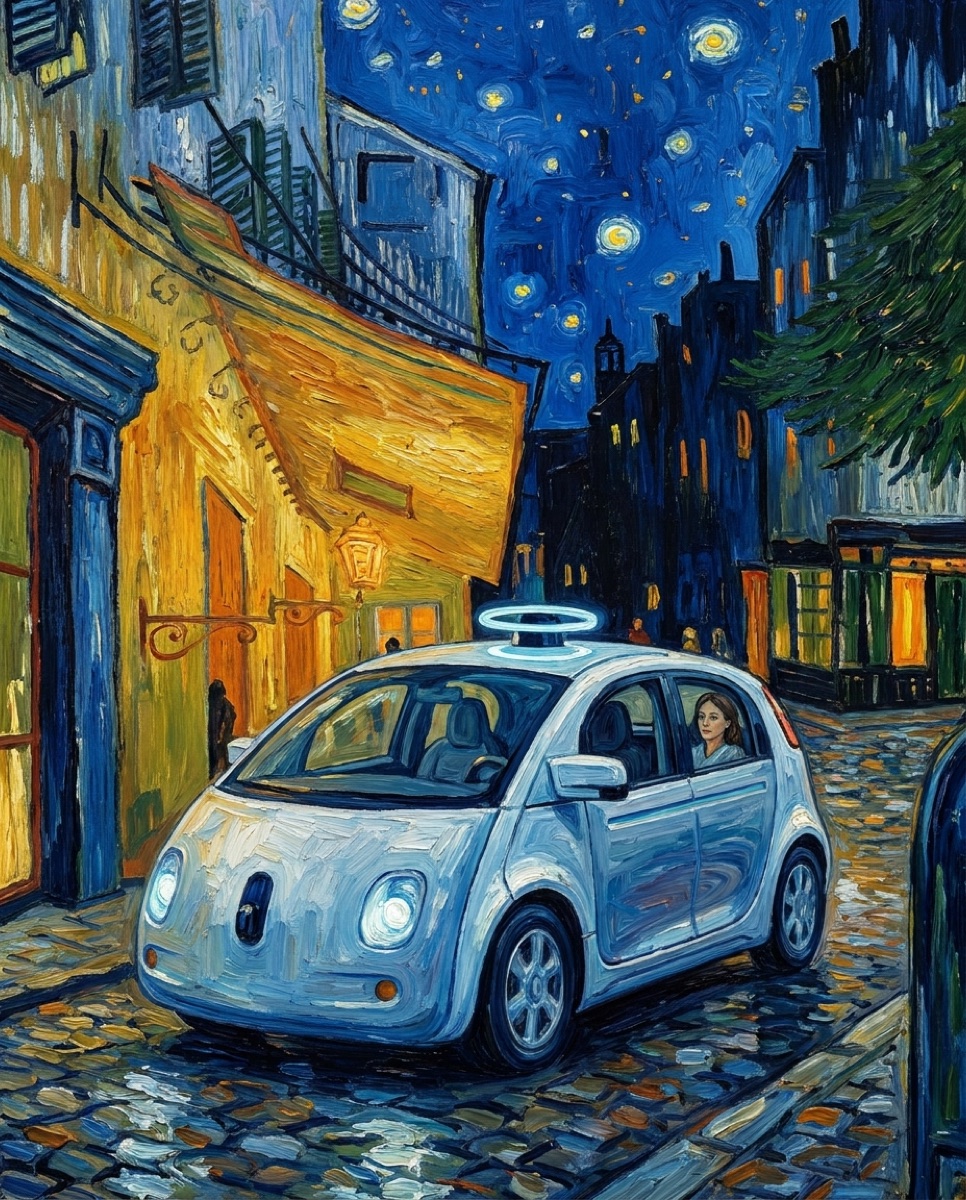 A Van Gogh-style village street where a driverless carriage rolls past astonished onlookers