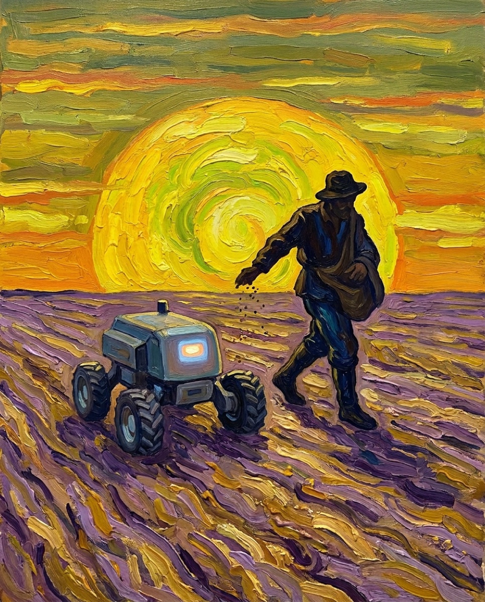 A Van Gogh-style sower working a golden field while a great machine turns beside him