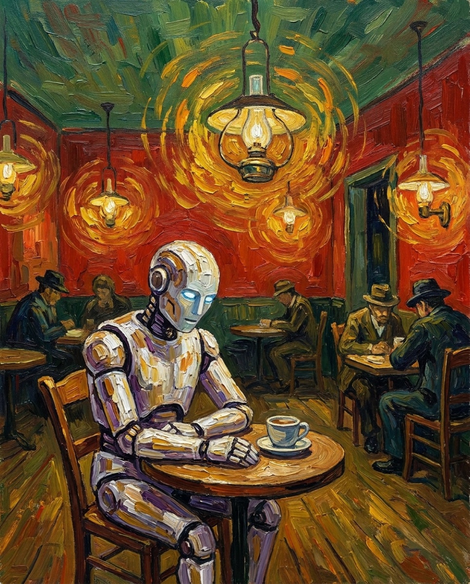 A Van Gogh-style café interior where a humanoid robot sits quietly among the regulars