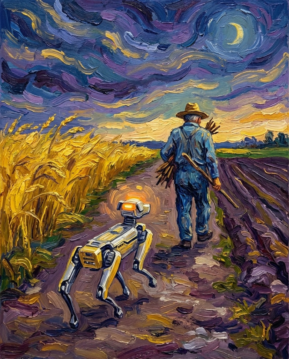 A Van Gogh-style painting of a robotic four-legged dog trotting home at the heel of an old farmer walking a path beside a golden wheatfield at dusk