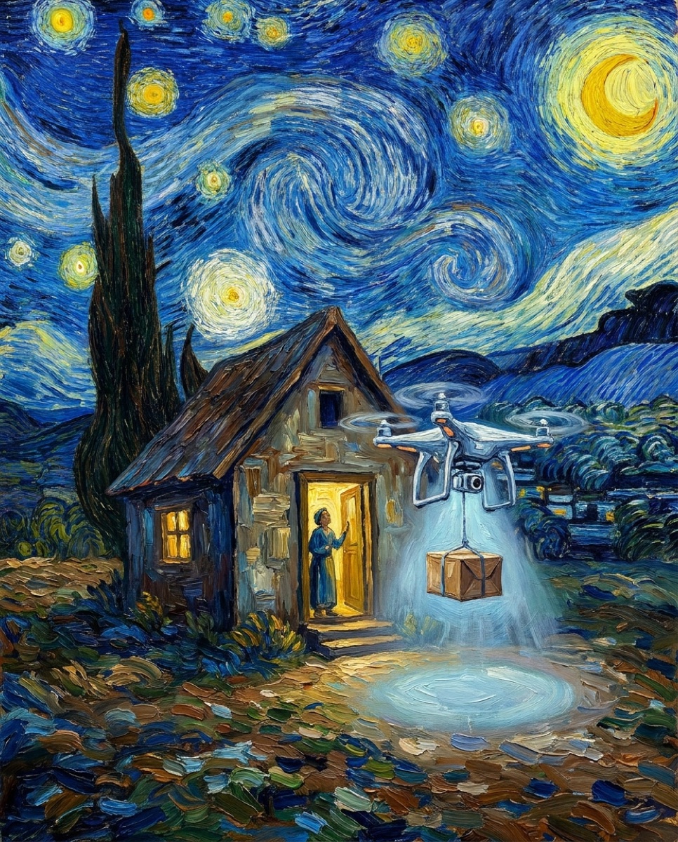 A Van Gogh-style painting of a delivery drone lowering a small parcel toward a glowing cottage doorway under a swirling Starry Night sky